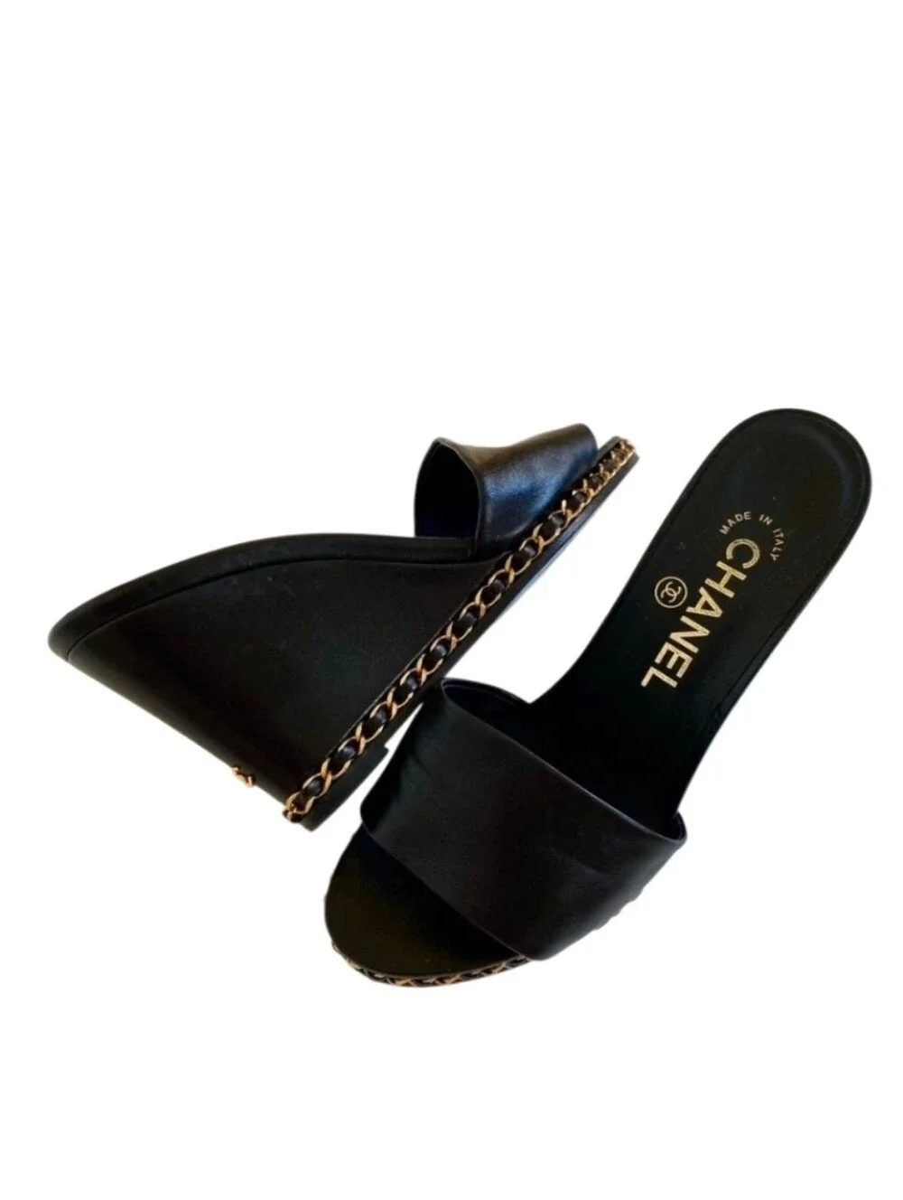 CHANEL Black Leather Chain Slide Mules with Gold Logo